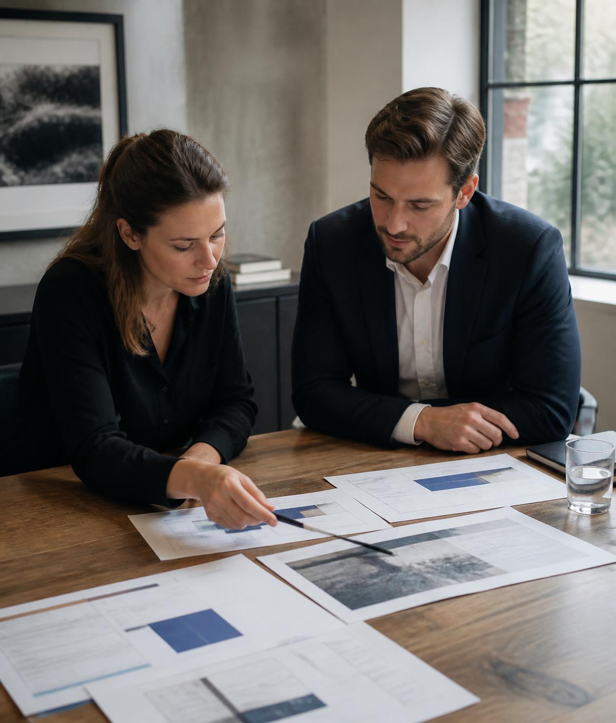 Two consultants reviewing strategy documents at a table